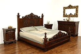 Renaissance Antique Carved Walnut 4 Pc Italian Bedroom Set, King Size Bed #36026