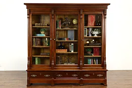 Victorian Eastlake Antique Walnut Triple Library or Office Bookcase #41445