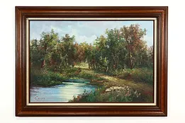 Forest Path, River & Bridge Vintage Original Oil Painting, Coft 44" #41020