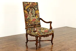 Italian Antique Throne or Hall Chair Worn Needlepoint, Petit Point Karpen #41703