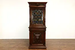 French Renaissance Antique Oak China Cabinet or Bookcase, Stained Glass #40256