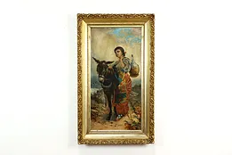 Spanish Woman & Donkey Antique Original Oil Painting 44.5" #41600