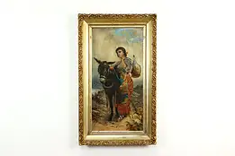 Spanish Woman & Donkey Antique Original Oil Painting 44.5" #41600