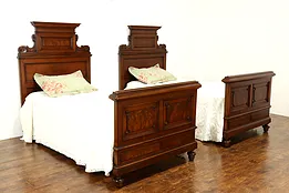 Pair of Antique Italian Renaissance Carved Walnut Twin or Single Beds #40572