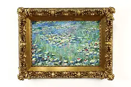 Water Lilies Floating in Pond Vintage Original Oil Painting Newhall 24.5" #39264