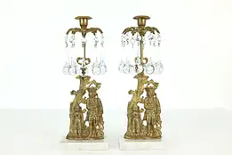 Pair of Victorian Antique Bronze Girandole Candelabra, Marble & Crystal #41548