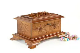 Swiss Folk Art Vintage Carved Walnut Music Box & Jewelry Chest, Reuge #40938