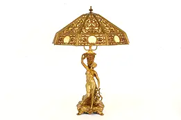 Neoclassical Antique Stained Glass Filigree Shade Office or Library Lamp #40576