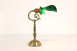 Victorian Antique Brass Office Desk Lamp, Emerald Glass Shade, Bryant #41622