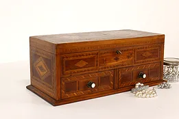 Marquetry Antique Jewelry Chest or Box, Mother of Pearl Pulls #41790