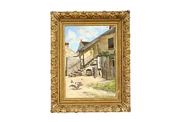 Farmhouse Geese in Courtyard Antique Original Oil Painting, Connell 26" #40494