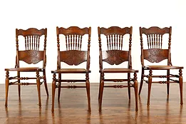 Farmhouse Set of 4 Victorian Antique Oak Pressback Carved Dining Chairs #41837