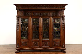 Italian Renaissance Antique Walnut Office Library Bookcase, Carved Lions #41541