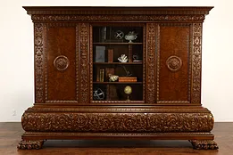 Renaissance Antique Walnut & Burl Office or Library Bookcase, Paw Feet #41887