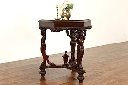 Hexagonal Antique Walnut Marquetry Hall, Lamp, End Table, Sculpture Legs #41619