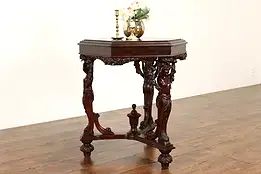 Hexagonal Antique Walnut Marquetry Hall, Lamp, End Table, Sculpture Legs #41619