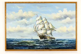 Clipper Ship At Sea Vintage Original Oil Painting, Dossi 37.5" #41914