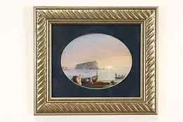 Mediterranean Island Scene Antique Original Watercolor Painting 17.5" #41482