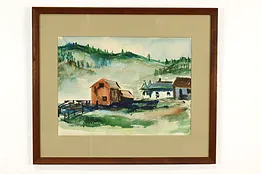 Farmyard on Mountainside Vintage Original Watercolor Painting 27" #40824