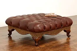 Traditional Vintage Tufted Leather Ottoman, Stool, Bench, Brass Nailheads #41930