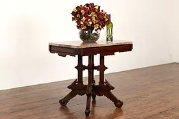 Victorian Eastlake Antique Marble Top Carved Walnut Parlor or Entry Table #41861