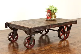 Farmhouse Antique Industrial Salvage Oak Railroad Cart, Coffee Table #41845