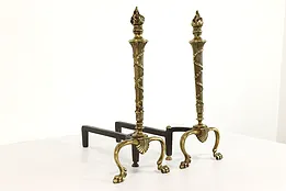 Pair of Neoclassic Antique Brass & Iron Torch Shape Fireplace Andirons #41870