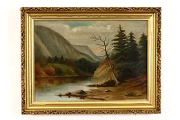 River Flowing Beneath Mountain Antique Original Oil Painting 25.5" #40779