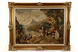 Renaissance Antique Gilt Framed Needlepoint Tapestry, Lords & Ladies, 57" #42041