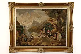 Renaissance Antique Gilt Framed Needlepoint Tapestry, Lords & Ladies, 57" #42041