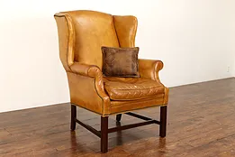 Traditional Vintage Leather & Birch Wingback Chair, Brass Nailheads #42037