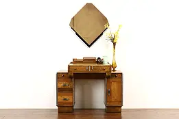 Art Deco Vintage Walnut & Curly Maple Vanity or Dressing Table & Mirror #42201