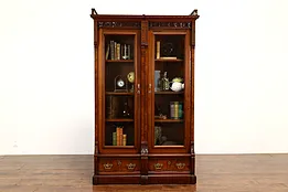 Victorian Eastlake Antique Carved Walnut & Burl Office Library Bookcase #41138