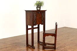 Craftsman Carved Oak Antique Telephone Stand & Chair Set, Lifetime #38508