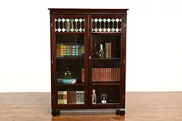 Arts & Crafts Antique Oak Office Bookcase, Stained Leaded Glass, Larkin #41530