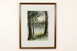 Springtime Trees on Lake Original Vintage Watercolor Painting 29.5" #40821