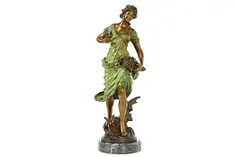 French Vintage Bronze Woman Gathering Wheat Sculpture, F. Moreau  #41900