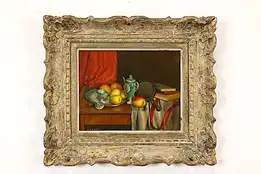 Still Life of Fruit & Books Antique Original Oil Painting, Frost 16" #41495