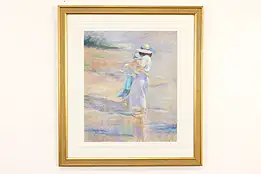 Mother & Children on Beach Vintage Original Pastel Painting Solarz 27.5" #41249