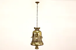 Brass Pierced Bell & Lotus Vintage Chandelier Light Fixture, India #42108