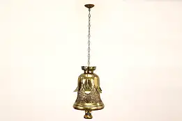 Brass Pierced Bell & Lotus Vintage Chandelier Light Fixture, India #42108