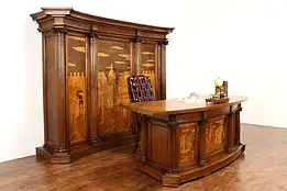 Italian Office or Library Bookcase & Desk Set, Marquetry Scenes Florence #42162