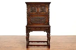 English Tudor Carved Oak Antique Drop Front Secretary or Hall Desk #41909