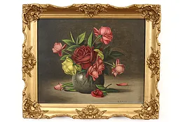 Victorian Antique Still Life Roses Original Oil Painting, B. S Hayes 25" #42121