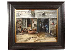 Blacksmith At Work Antique Original Oil Painting, Burgess 22" #41498