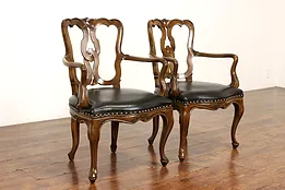 Pair of Italian Design Vintage Walnut & Leather Office or Library Chairs #42280