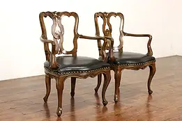 Pair of Italian Design Vintage Walnut & Leather Office or Library Chairs #42280