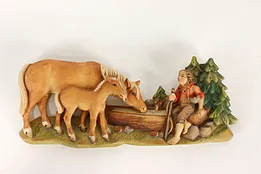 Swiss Vintage Hand Carved Horses & Young Traveler Wall Plaque #40946
