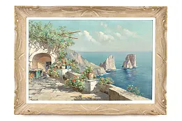 Capri Coastline Vintage Italian Original Oil Painting, Salvati 42" #42247