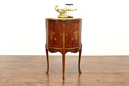 French Vintage Marquetry Demilune Nightstand or End Table, Marble Top #42309